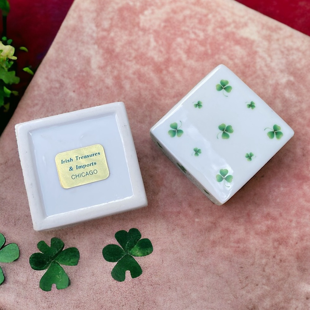 Irish Shamrock Clover Trinket Box Gold Trim - Picture 4 of 11
